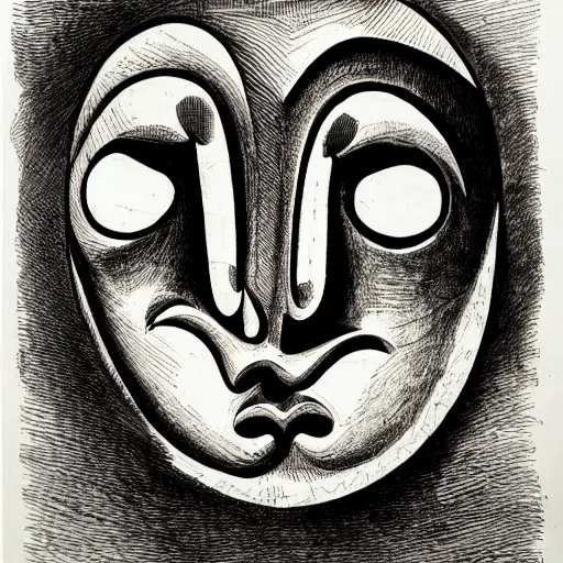 Image similar to an ink drawing of cracked comedy and tragedy theater masks, elaborate detail