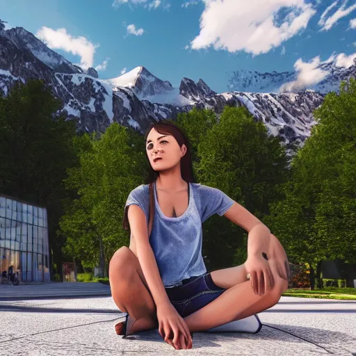 Prompt: digital drawing of a female software developer sitting outside in front of a modern campus building with beautiful mountains in the background, digital art, summer, alps, 4k, unreal, digital health, cartoon, unreal engine