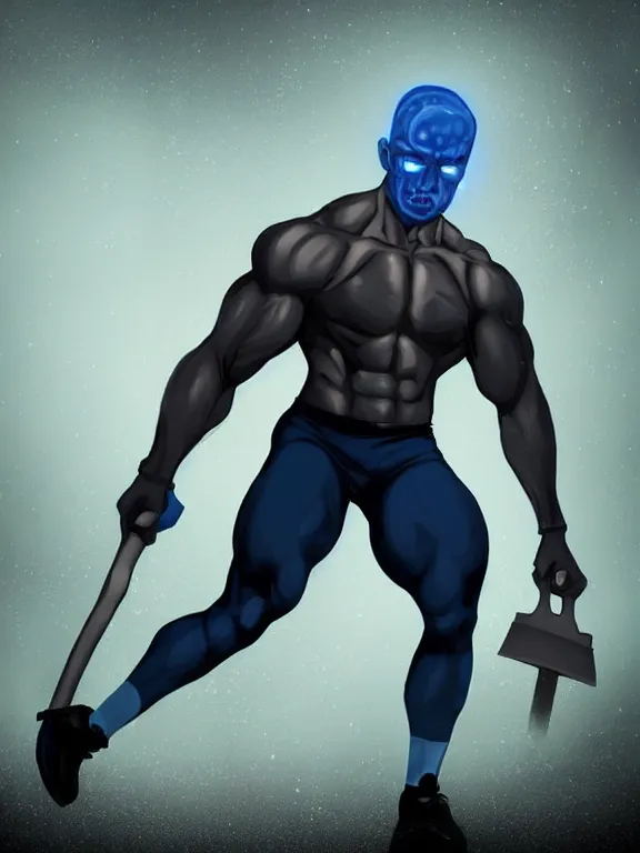 Image similar to portrait art of a muscular man with light blue skin and glowing eyes, wearing a dark blue outfit with now sleeves, fingerless gloves, black shoes. He is carrying a large shovel!!!!!!. around his neck is a glowing light blue vial, 8k ultra realistic , lens flare, atmosphere, glow, detailed, intricate, full of colour, cinematic lighting, trending on artstation, 4k, hyperrealistic, focused, extreme details, unreal engine 5, cinematic, masterpiece