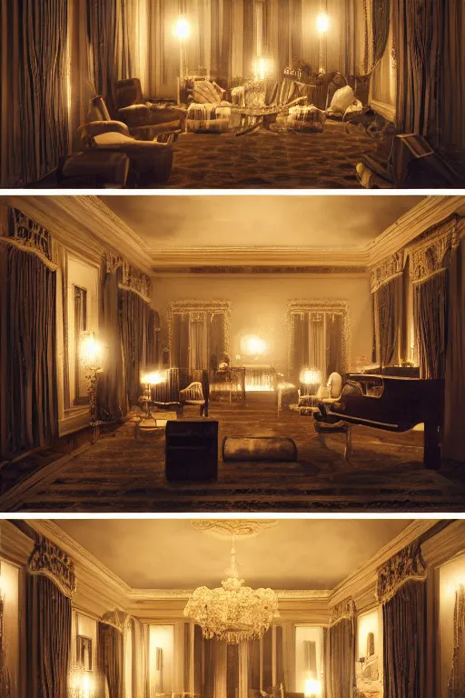 Prompt: party in a 1 9 2 0's style mansion, great gatsby, cinematic light, soft illumination, cinematic composition, wide - angle, atmospheric, matte painting, trending on artstation.
