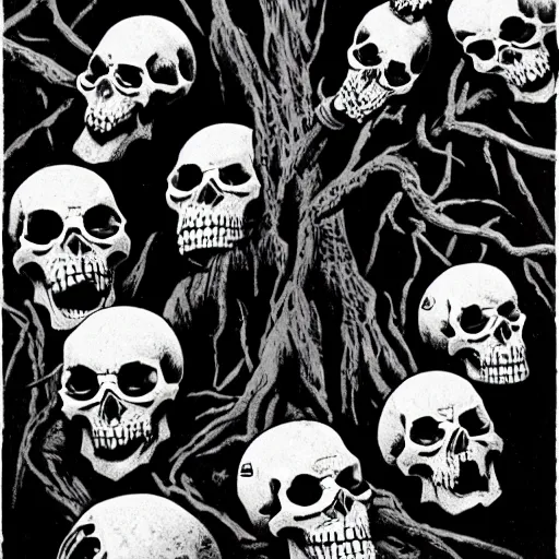 Image similar to Skulls lying under a dead tree. Close Up Shot, Dark Fantasy, Film Noir, Black and White. High Contrast, Mike Mignola, D&D, OSR