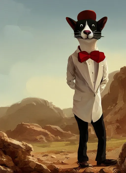 Image similar to Character portrait of a happy furry cartoon anthro stoat wearing a white_dress_shirt, tan_vest, red_bowtie, and black_slacks in the desert wilderness, intricate, elegant, highly detailed, digital painting, artstation, concept art, smooth, sharp focus, illustration, art by Krenz Cushart and Artem Demura and alphonse mucha