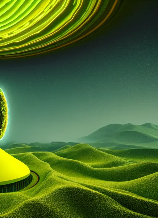 Image similar to a painting of a green and yellow swirl in the middle of a mountain, a computer rendering by mike winkelmann, shutterstock contest winner, nuclear art, tesseract, apocalypse art, concept art