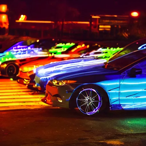 Image similar to a neon lit car meetup in a parking lot at nigh time in August, photorealistic