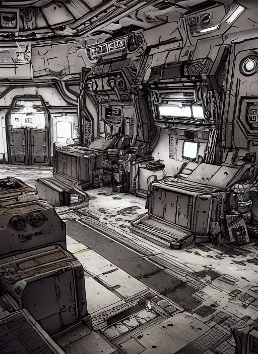 Prompt: Borderlands 2 Hyperion Space Station , Dynamic lighting, cinematic, extremely high detail, photo realistic, cinematic lighting, pen and ink, intricate line drawings, post processed, concept art, artstation, matte painting, style by, Q Hayashida