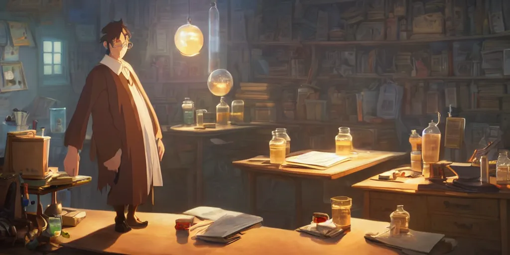 Image similar to a wizard with brown hair is standing at his desk working with jars of liquids, beakers of bubbling potions, coherent, medium shot, waist up, studio ghibli, pixar and disney animation, sharp, rendered in unreal engine 5, anime key art by greg rutkowski, bloom, dramatic lighting