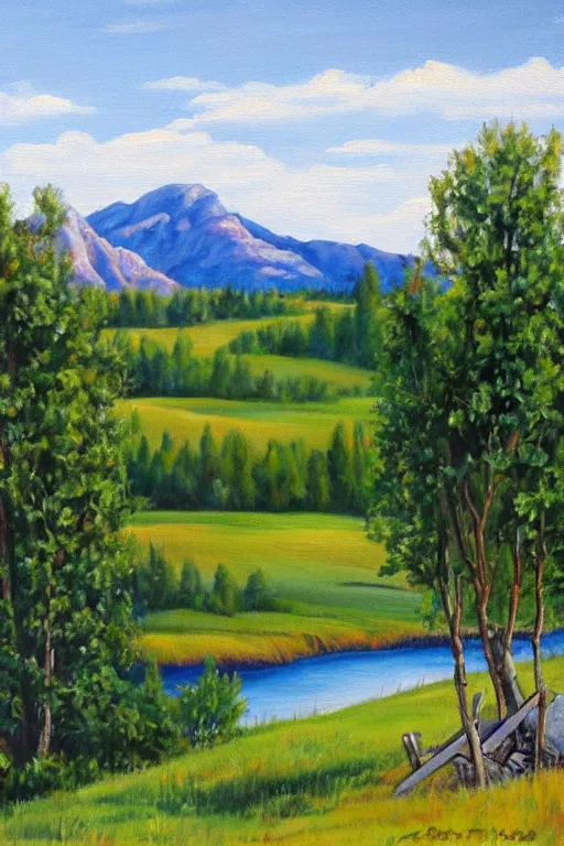 Image similar to bob ross painting of big rock okotoks alberta