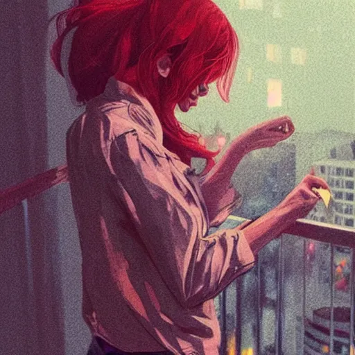 Image similar to a beautiful artwork of a woman with red hair in jeans and a white shirt smoking on the balcony of a hotel at night, top view, cinematic shot, rainy, neon and rainy theme atmosphere by Jerome Opeña, featured on artstation