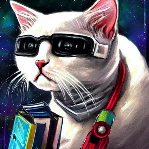 Image similar to a cute white cat art, epic cyberpunk art