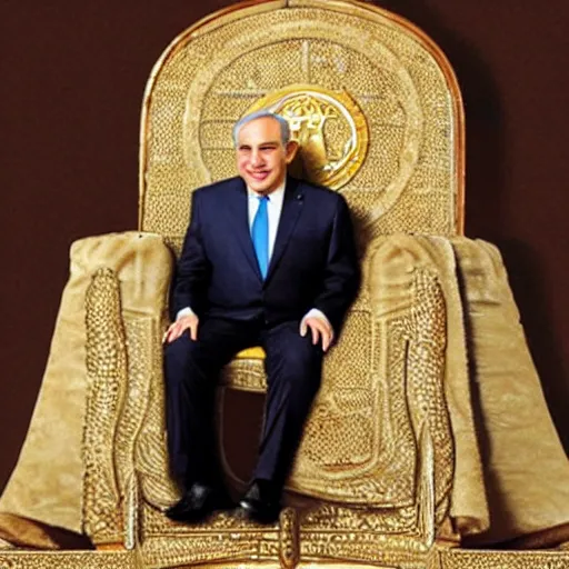 Prompt: Benjamin Netanyahu as a fat Arab king, sitting on his throne