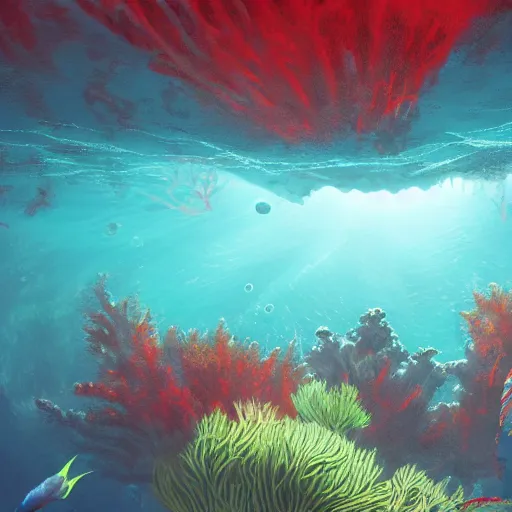 Image similar to underwater view of a strange alien world, some washed out red and green plant life, giant leviathan swimming far in the background, deep blue sea color, artstation