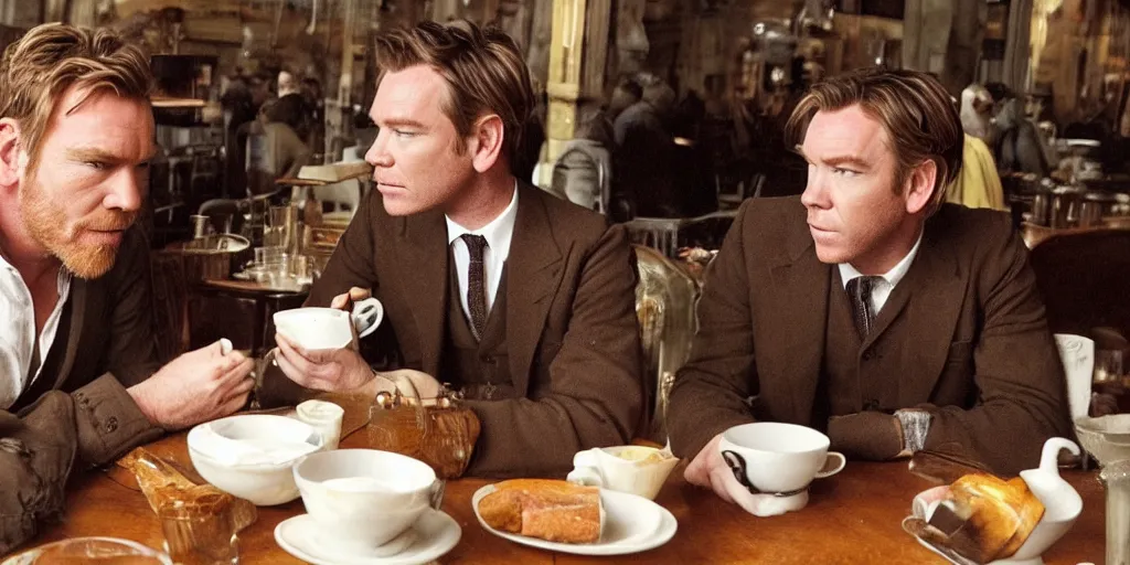 Image similar to ewan mcgregor is sitting at table in a cafe at paris in early 2 0 th century. next to him is a brown cat licking milk from little saucer, atmospheric feeling, warm colours, brown colours, yellow colours, epic scene, cinematic, very detailed