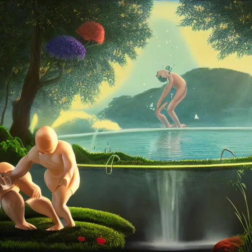 Prompt: a painting of a man being baptized in a garden by chiho aoshima, golden hour, cinematic lighting, cool, spiritual, detailed, 8 k concept art