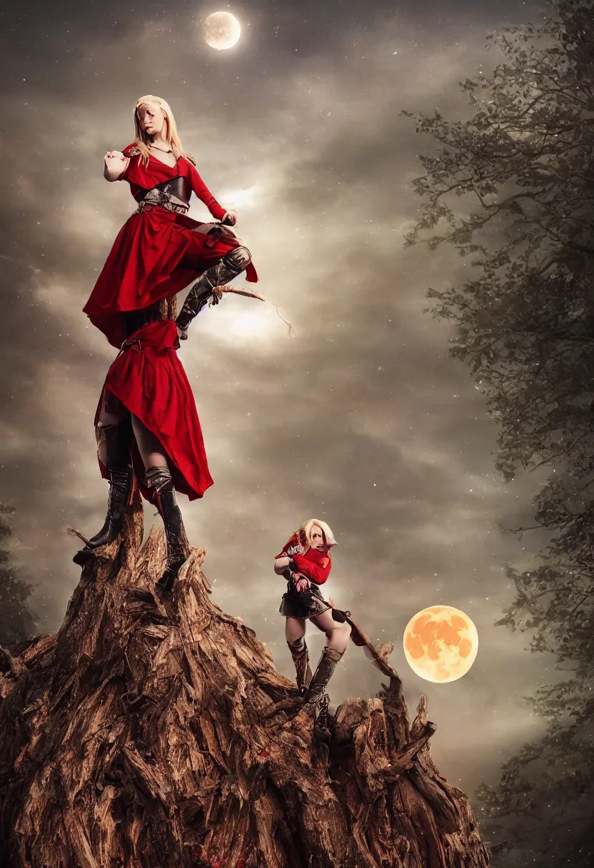 Image similar to a blonde medieval female soldier standing on a short treestump, red lunar eclipse, detailed, fantasy, in the style of Gwent, epic composition, red background