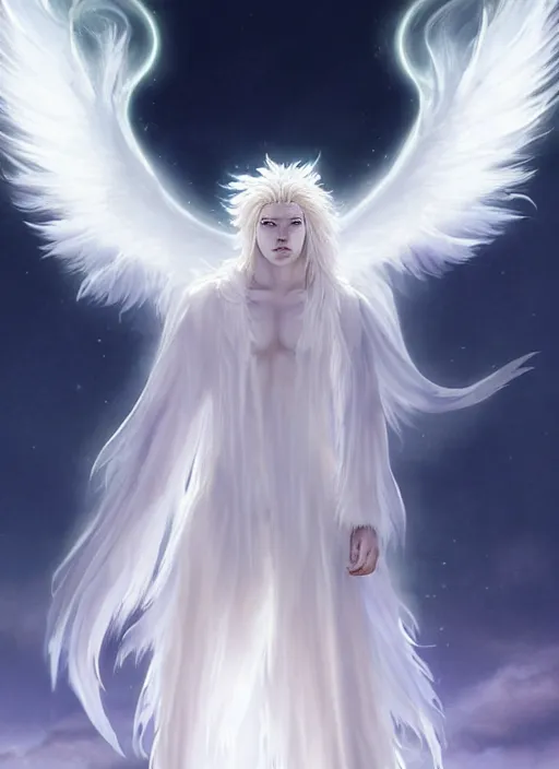 Prompt: aesthetic, religious fantasy portrait commission of an albino male furry anthro lion with giant feathery glowing angel wings flying in the heavenly cloudy sky wearing a silky white transparent cloak blowing in the wind, Atmospheric . Character design by charlie bowater, ross tran, artgerm, and makoto shinkai, detailed, inked, western comic book art, 2021 award winning film poster painting