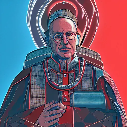 Prompt: cyberpunk pope francis as the leader of a futuristic communist nation, cybernetics, sharp lines, digital, artstation, colored in