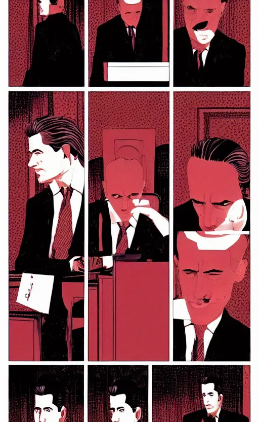 Prompt: Surreal Twin Peaks comic page of Dale Cooper in the Red Room by Tomer Hanuka