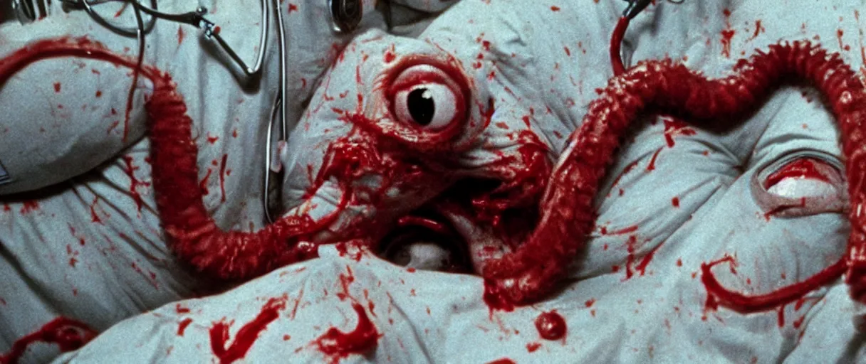 Prompt: filmic extreme wide shot dutch angle movie still 35mm film color photograph of a doctor getting his both his eyeballs pulled out by dangerous alien worms coming from off camera, blood splattering, in the style of The Thing 1982 horror film