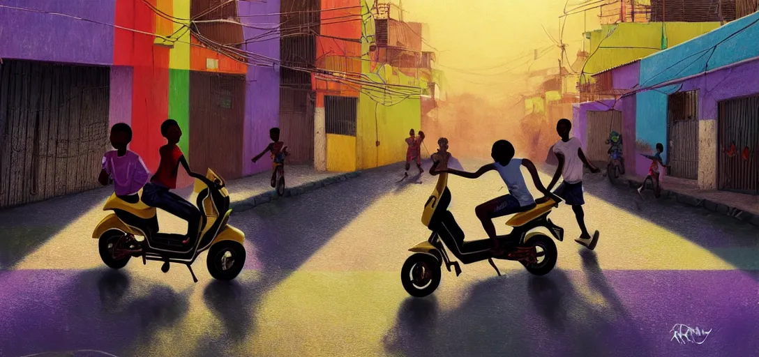 Prompt: a young favela black boys, riding on the moped scooter, on the street of rio de janeiro favela, digital illustration by ruan jia on artstation, colorful, rainbow, sunlight, soft lighting, insanely detailed and intricate, hypermaximalist, elegant, ornate, hyper realistic, super detailed, by akihito yoshida, by bob byerley