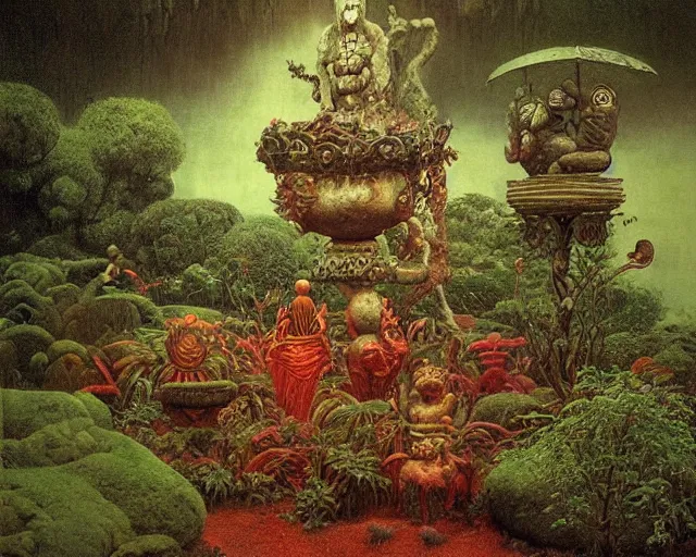 Image similar to strange weird pagan luscious garden with amazing little altars and japanese plants with a gigantic statue fountain of an ancient god stretching its arms above the garden by beksinski, digital art, oil painting, colorful, artstation, australian tonalism escher, minimalist, very clear, no blur, serene