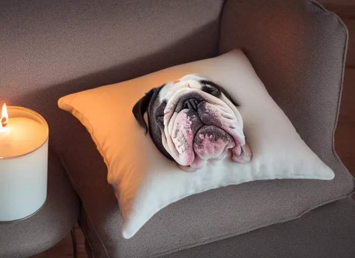 Image similar to a closup, 4 5 mm, portrait of a sleeping english bulldog on a pillow in a bed, candle light, 4 5 mm, by franz lanting