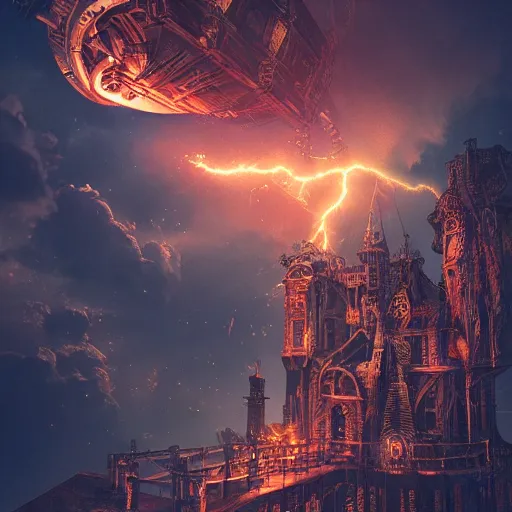 Prompt: a flying steampunk fortress, intricate, behrens style, octane render, fantasy digital art, beautiful composition, trending on artstation, night, meteors, lightning!!!, lightning, lightning, dramatic lighting, red glow, eldritch