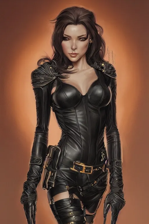 Image similar to Tabatha cash as a heroine in black leather, intricate, elegant, highly detailed, centered, digital painting, artstation, concept art, smooth, sharp focus, illustration, art by artgerm and donato giancola and Joseph Christian Leyendecker, Ross Tran, WLOP