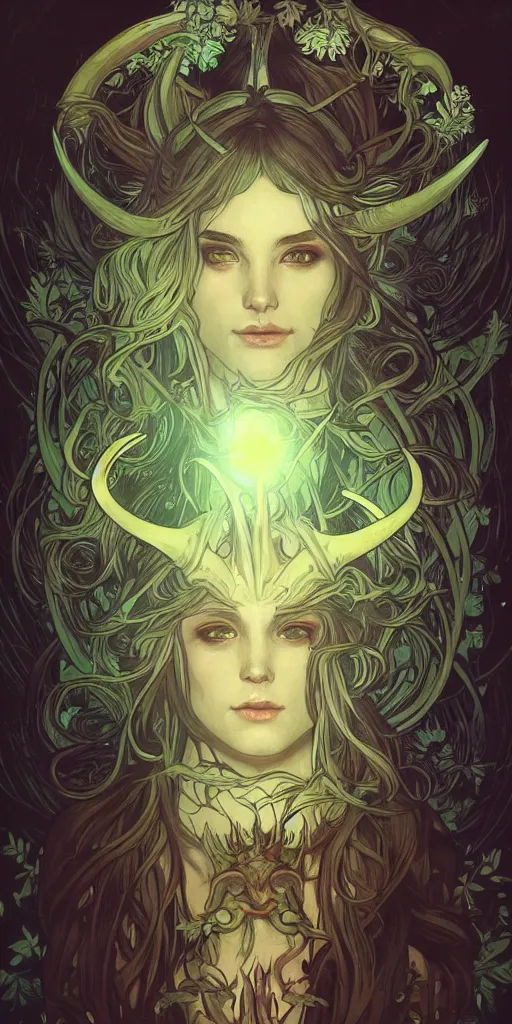 Image similar to intense bioluminescent glowing pagan god with horns and pure black eyes in very dark forest by artgerm and alphonse mucha, portrait, fantasy, clear, light beams, lens flare, intense, uhd, amazing depth, cinematic lighting