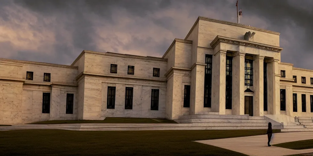 Image similar to wide angle shot of the federal reserve in an apocalyptic scene, hd, volumetric lighting, 4 k, intricate detail, by jesper ejsing, irakli nadar