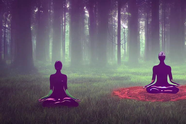 Prompt: meditating in the forest, astral, synthwave, realism, 8 k