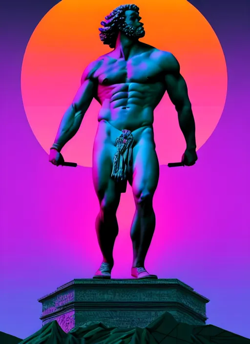 Image similar to statue of hercules, beeple, android jones, ( ( ( ( ( dan mumford ) ) ) ) ), vaporwave, retrowave, black background, neon wiring, black, glitch, strong contrast, cuts, pinterest, trending on artstation