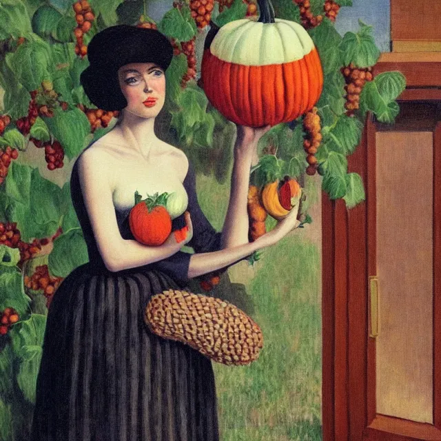 Prompt: tall emo female artist holding a gourd standing in a library, berries, vines, pigs, xylophone, acrylic on canvas, surrealist, by magritte and monet