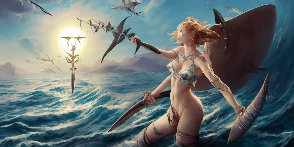 Image similar to close up of a extremely beautiful and aesthetic shark tooth girl holding a symmetrical trident on the horizon, perfect face, symmetric eyes, model pose, slightly smiling, sun set, big wave, big blade whale fighting against thorn sharks flying on the background, epic scene, fantasy illustrations, by peter mohrbacher and makoto shinkai and ferdinand knab