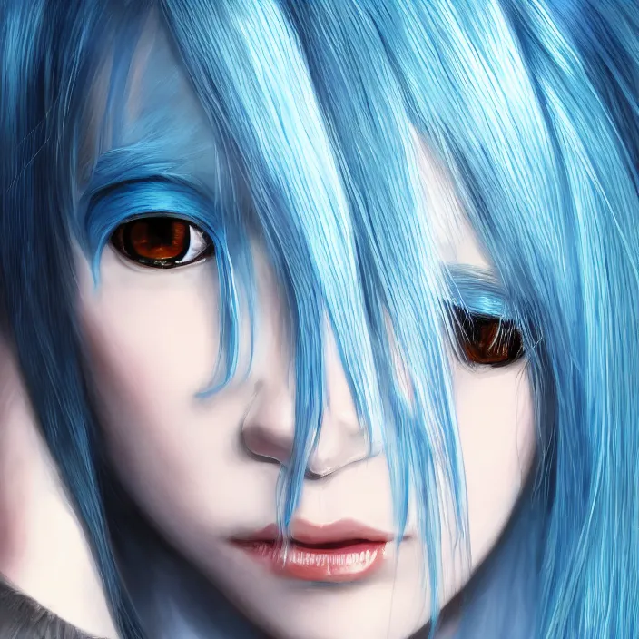 Image similar to full face shot of rimuru tempest, sky blue straight hair, long bangs, with amber eyes, wearing a black jacket, high collar, ultra detailed, concept art, award winning photography, digital painting, cinematic, wlop artstation, closeup, pixiv, evil, yoshitaka amano, andy warhol, ilya kuvshinov,