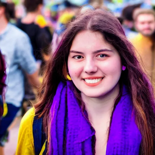 Prompt: ultra high resolution close - up of a very beautiful young woman with long hair, standing in crowd of music festival, looking down at the camera. her face is partially obscured by a purple scarf, and she has a smiling expression. the light is dim, and the colours are muted. kodak etkar 1 0 0.