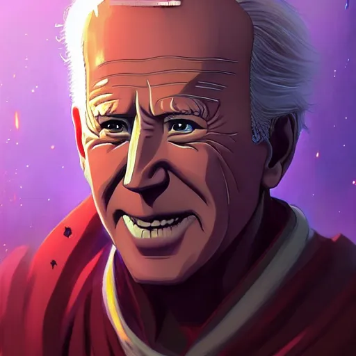 Image similar to anime portrait of Joe biden as a shaman yedi using dark force to eliminate trump as an anime antagonist by Stanley Artgerm Lau, WLOP, Rossdraws, James Jean, Andrei Riabovitchev, Marc Simonetti, and Sakimichan, trending on artstation