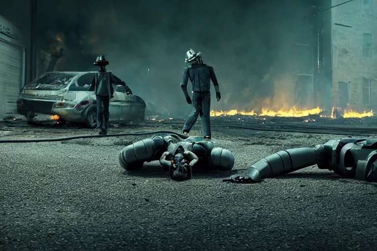 Image similar to vfx film closeup, dead robot couple on the ground holding hands, city street tire tracks fire. flat color profile low - key lighting award winning photography arri alexa cinematography, hyper real photorealistic cinematic atmospheric cool colorgrade