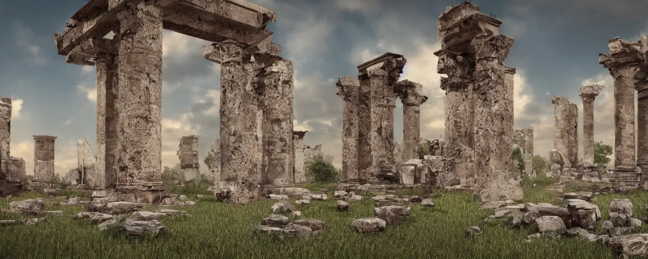 Prompt: !dream an ancient ruined temple of the old Pagan Gods, 8k hyper realistic, Photorealistic, rendered by Octane