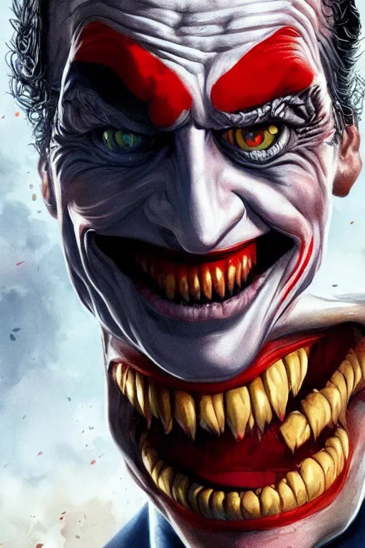 Prompt: emmanuel macron as a joker, realistic, high definition, 4 k, shimmering color, hyper detailed, art of greg rutkowski and magali villeneuve and artgerm