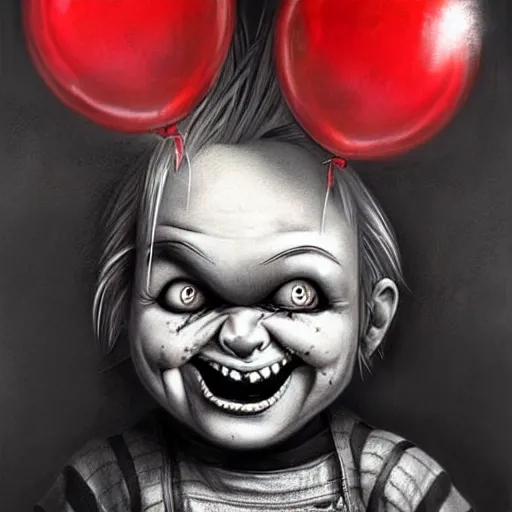 Prompt: surrealism grunge cartoon portrait sketch of chucky with a wide smile and a red balloon by - michael karcz, loony toons style, mad max style, horror theme, detailed, elegant, intricate