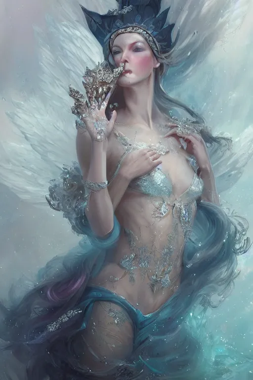 Image similar to beautiful princess floating on water with face covered with diamonds wearing frost velvet, diamonds, angel, fantasy, dramatic lighting, highly detailed, digital painting, magic the gathering, hyper detailed, 3 d render, hyper realistic detailed portrait, peter mohrbacher, wlop, ruan jia