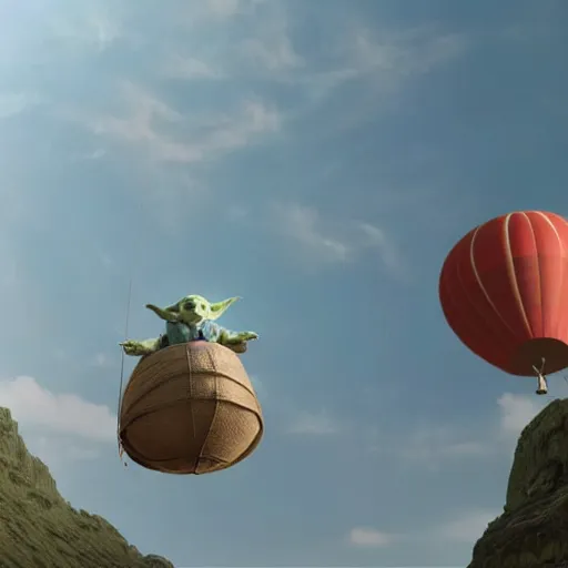 Image similar to film still of yoda flying in a hot air balloon in the new star wars movie 4 k