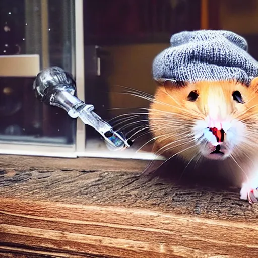 Image similar to hamster wearing a beanie smoking a bong