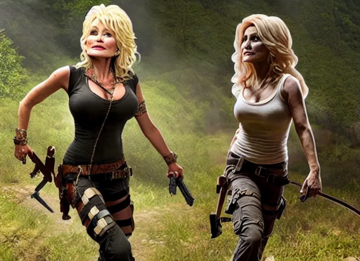 Image similar to film still of!!!! dolly parton!!! as lara croft in new tomb raider movie, 8 k