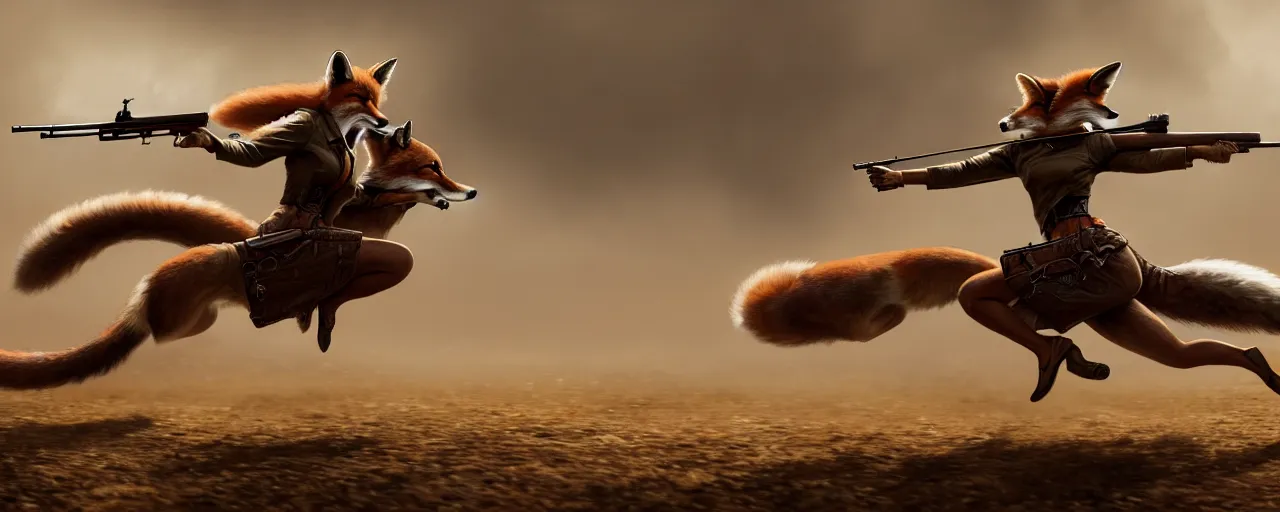 Prompt: an illustration of an anthropomorphic fox - woman running and gunning with a winchester rifle, wild west theme, focal depth,, many details, action, greg rutkowski style, high quality, 8 k,