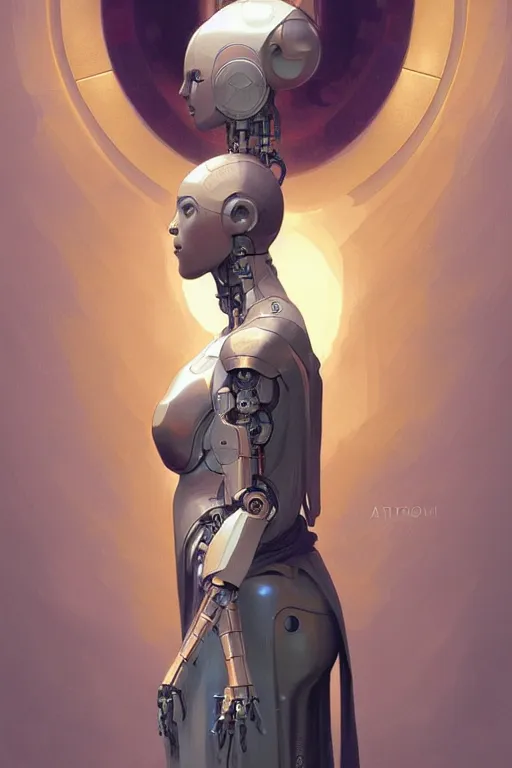 Prompt: Full body robotic monk, portrait, elegant, intricate, digital painting, artstation, concept art, smooth, sharp focus, illustration, art by artgerm and greg rutkowski and alphonse mucha