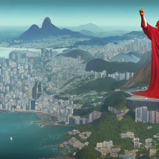 Image similar to a highly detailed picture of, the christo redentor dabbing over rio de janeiro and shouting poggers, ultrawide lens, art by john collier and albert aublet and krenz cushart and artem demura and alphonse mucha, volumetric lighting, octane render, 4 k resolution, trending on artstation, masterpiece