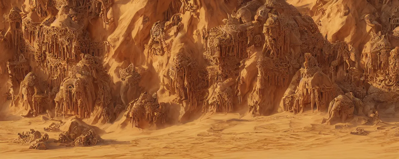 Prompt: painting of priestesses of the ancient camel temple, sandstorm, sand dunes, camel god, barren sands, desolate, forgotten, by ArtGerm and Justin Cheung and Makoto Shinkai, insanely detailed and intricate, ornate, elegant, award winning, vermillion and cyan, sunset, maximalist, trending on Artstation, matte painting, interior scene, camel statue, ritual circle, temple rites