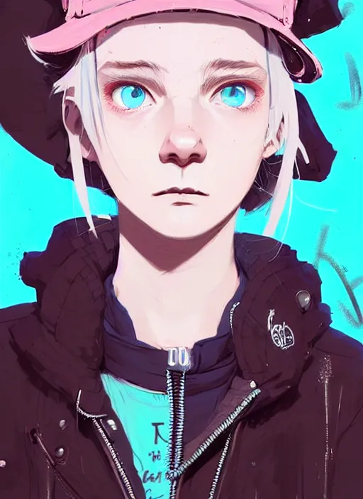 Image similar to highly detailed portrait of a street punk lady student, blue eyes, bubble jacket, hat, white hair by atey ghailan, by greg rutkowski, by greg tocchini, by james gilleard, by joe fenton, by kaethe butcher, gradient pink, black, brown and light blue color scheme, grunge aesthetic!!! ( ( graffiti tag wall background ) )