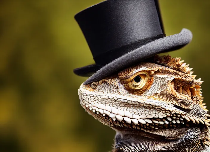 Image similar to dslr portrait still of a bearded dragon wearing a tophat, 8 k 8 5 mm f 1. 4